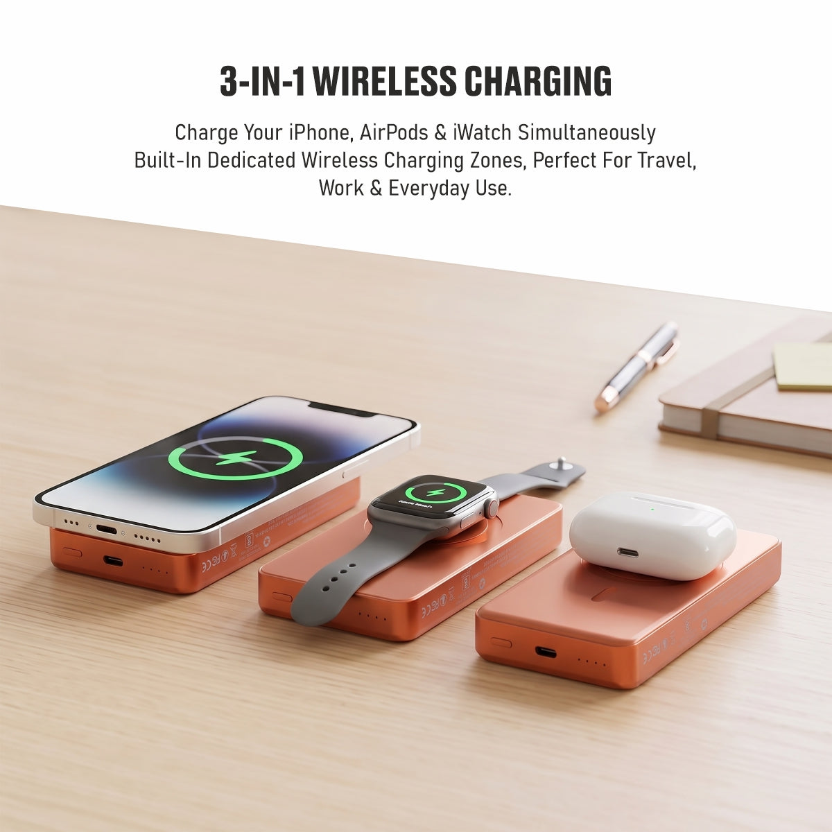 Muvtech Slim Pro 10,000mAh 3-in-1 power bank in Orange, charging an iPhone, Apple Watch and AirPods