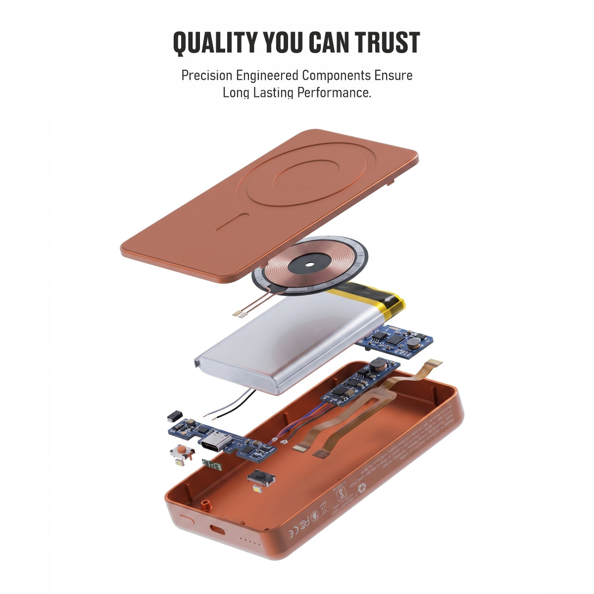 Muvtech Slim Pro 10,000mAh 3-in-1 power bank in Orange, exploded view of internal components