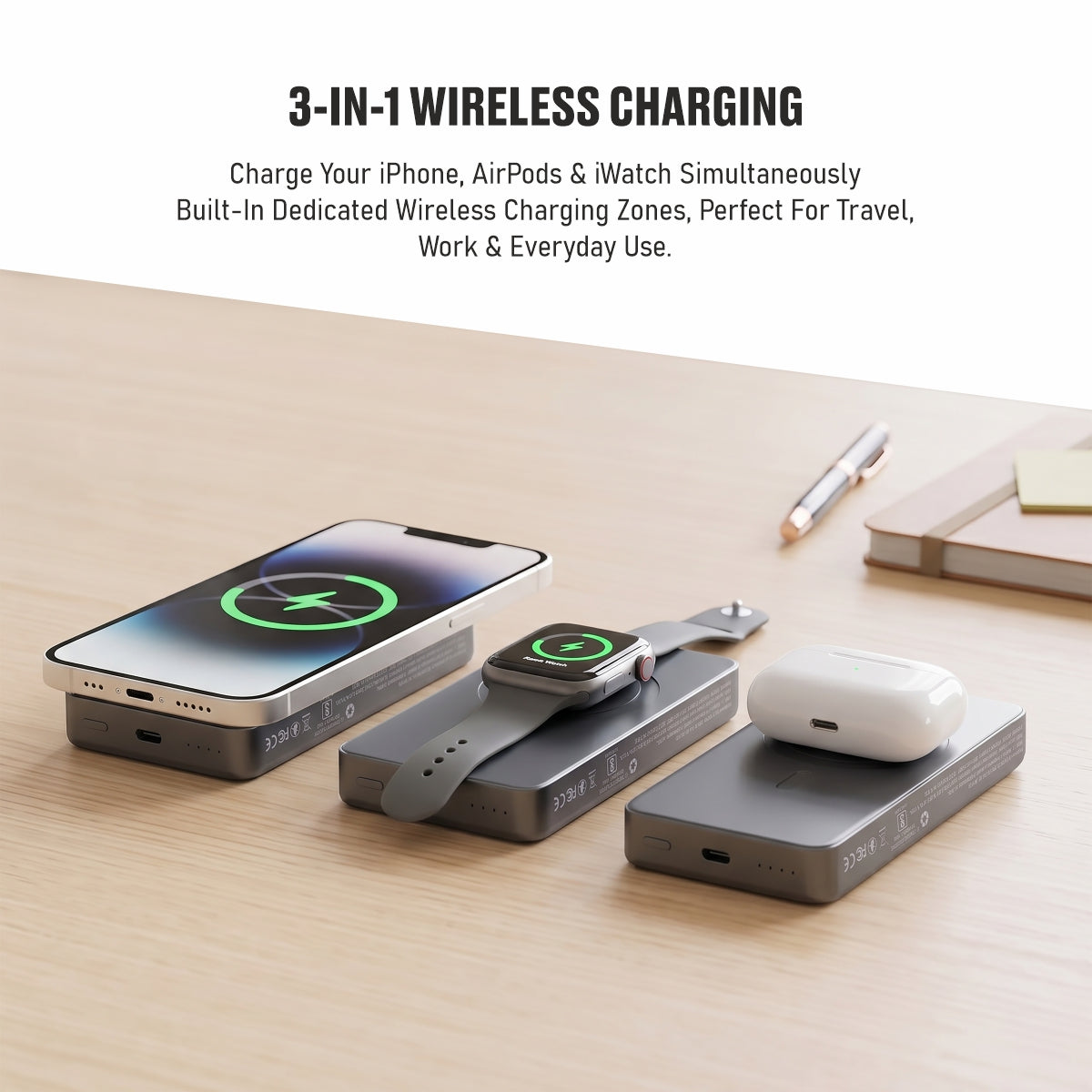 Muvtech Slim Pro 10,000mAh 3-in-1 power bank in Steel Grey, charging an iPhone, Apple Watch and AirPods
