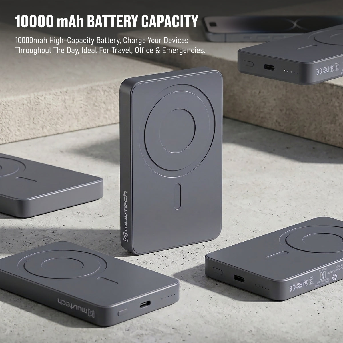 Muvtech Slim Pro 10,000mAh 3-in-1 power bank in Steel Grey, 10,000mAh capacity