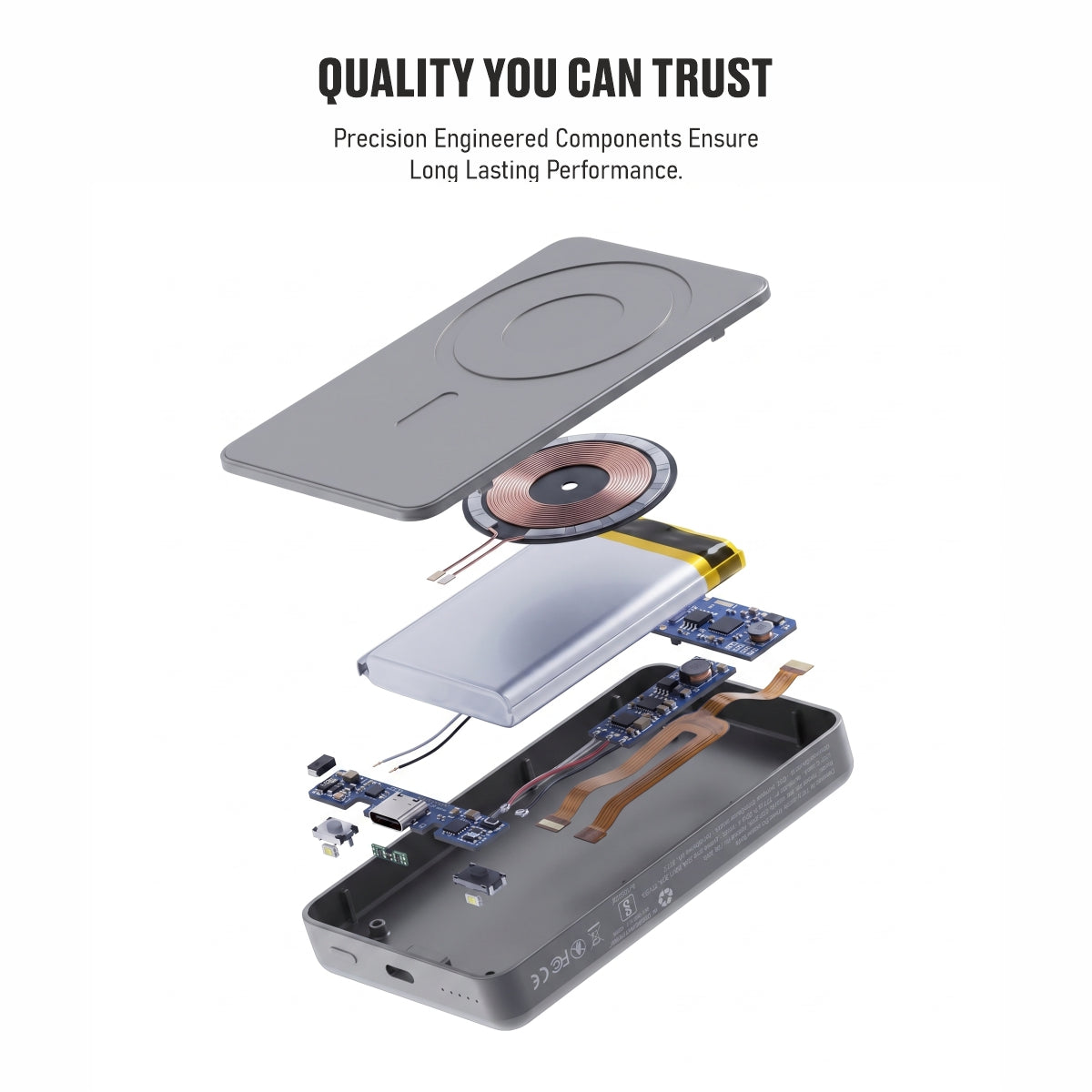 Muvtech Slim Pro 10,000mAh 3-in-1 power bank in Steel Grey, exploded view of internal components