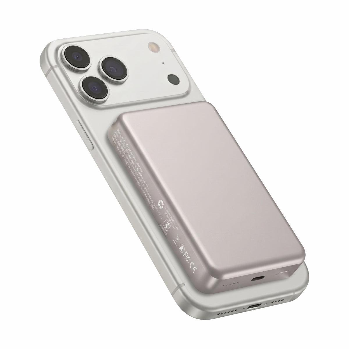 Muvtech Slim Pro 10,000mAh 3-in-1 power bank in Titanium, attached to an iPhone