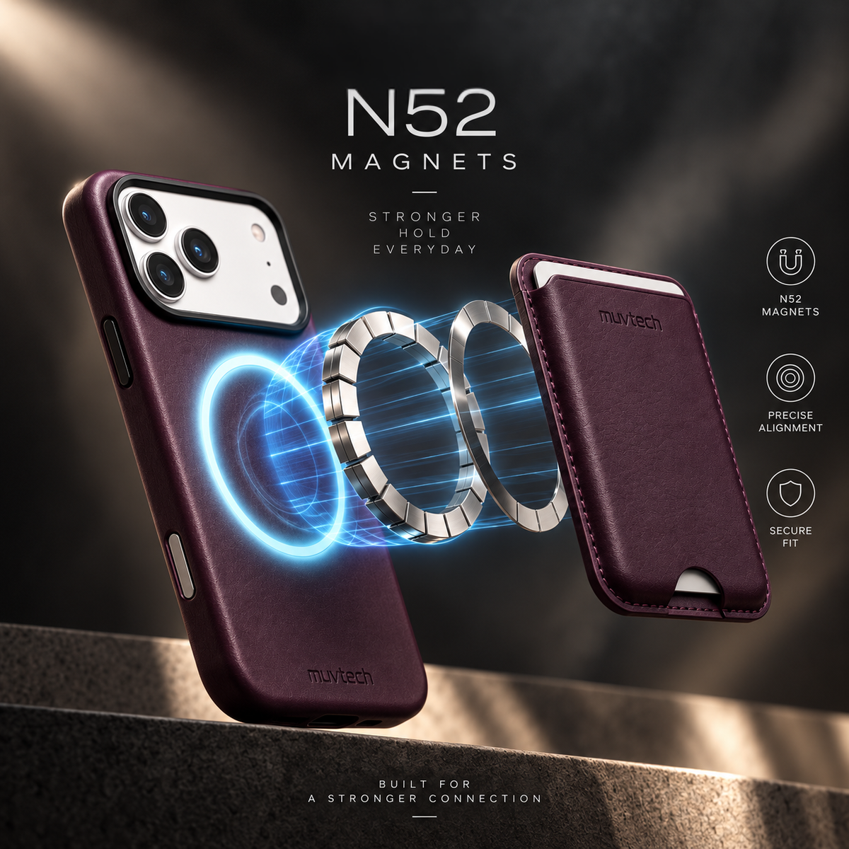 A dark burgundy phone case shown from the back and side, with two metallic magnetic rings floating beside it to illustrate the N52 magnet feature. The case has a matte finish and a camera cutout at the top left.