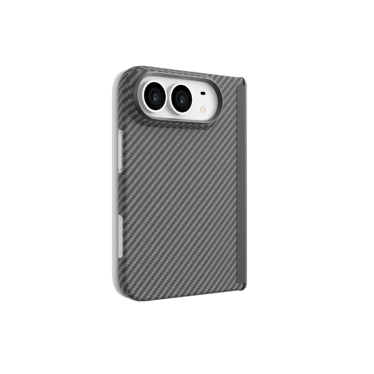 Muvtech Kevo case for iPhone Duo folded, woven aramid back and raised camera rim #Color_Black
