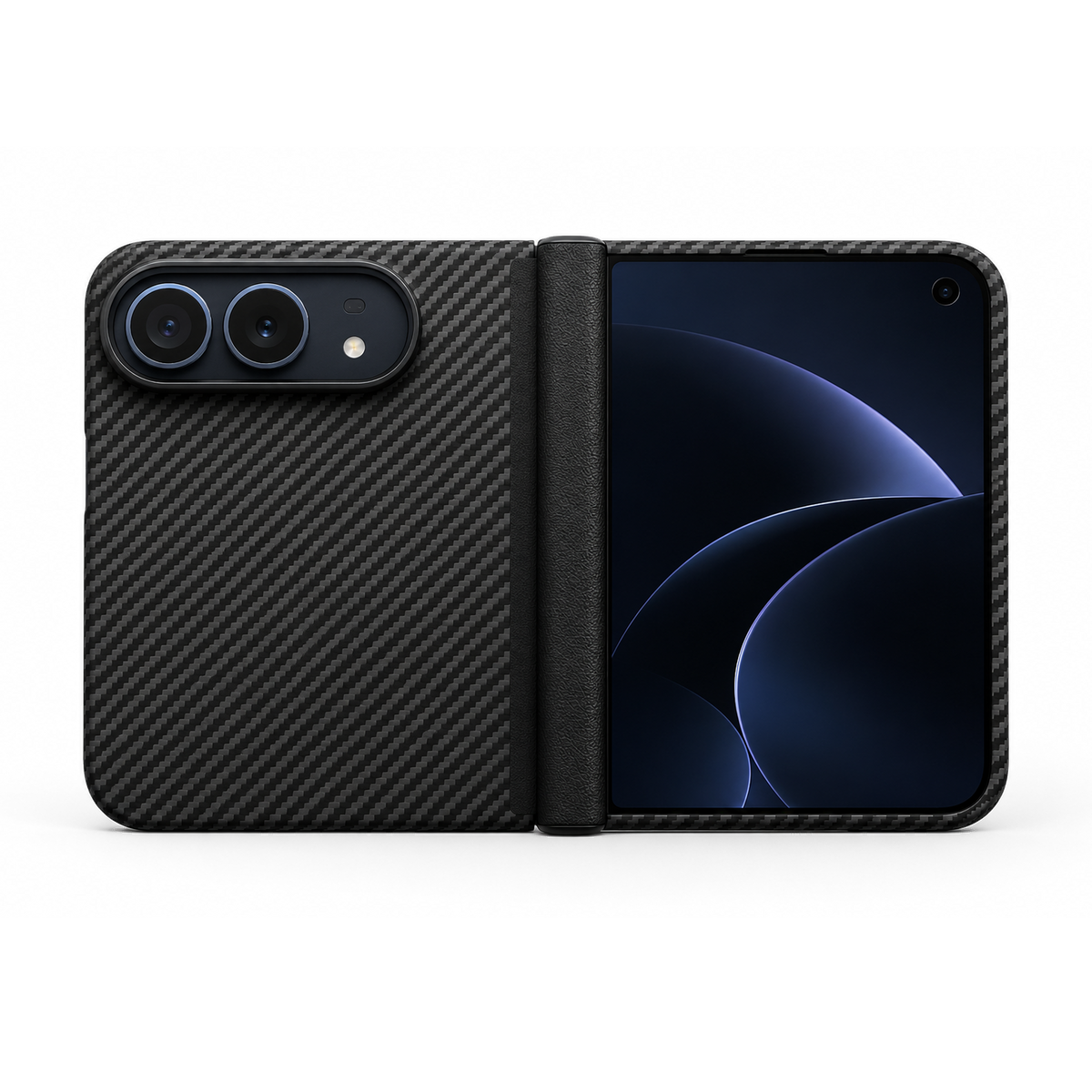 Muvtech Kevo genuine Kevlar case for iPhone Duo in Black, opened flat with the leather-grain hinge cover #Color_Black