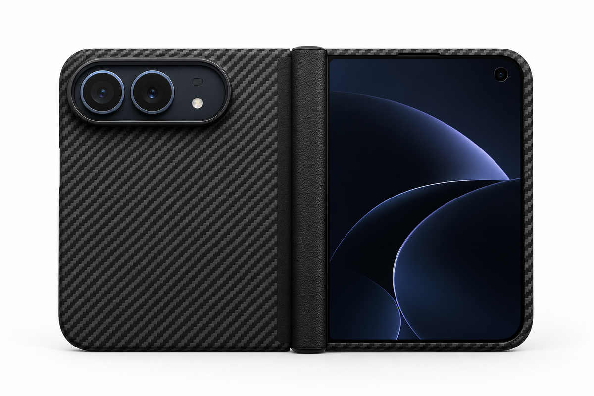 Muvtech Kevo case for iPhone Duo, two aramid shells joined by a leather-grain hinge cover #Color_Black