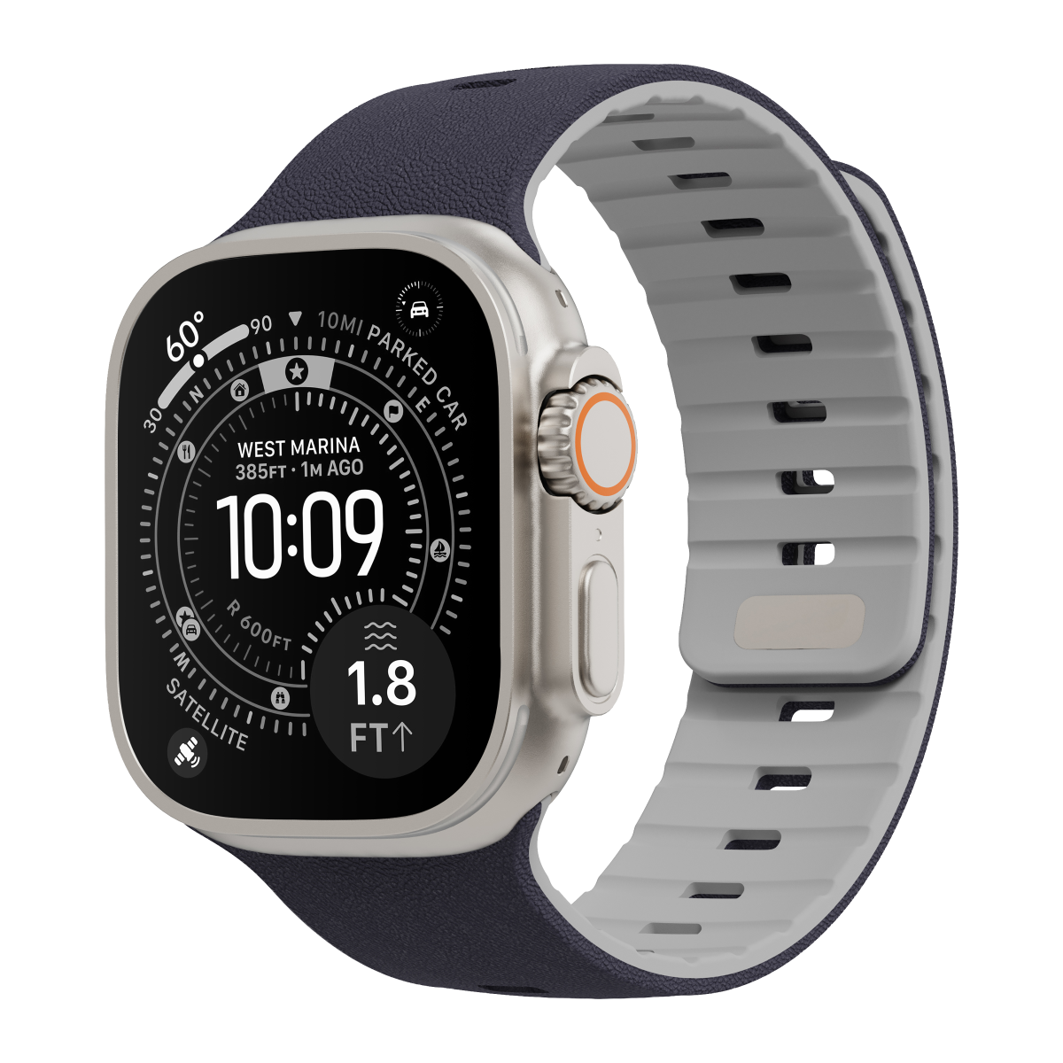 Duo magnetic Apple Watch strap in Midnight, navy and grey, on Apple Watch Ultra