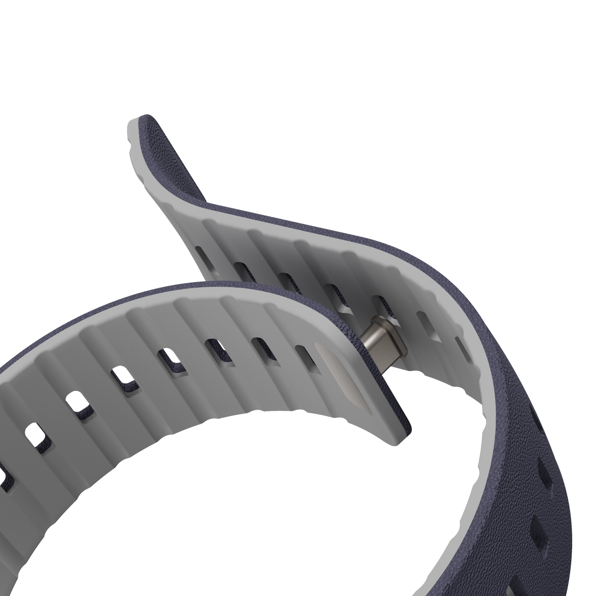 Duo Midnight strap twisted to show the navy top and grey underside