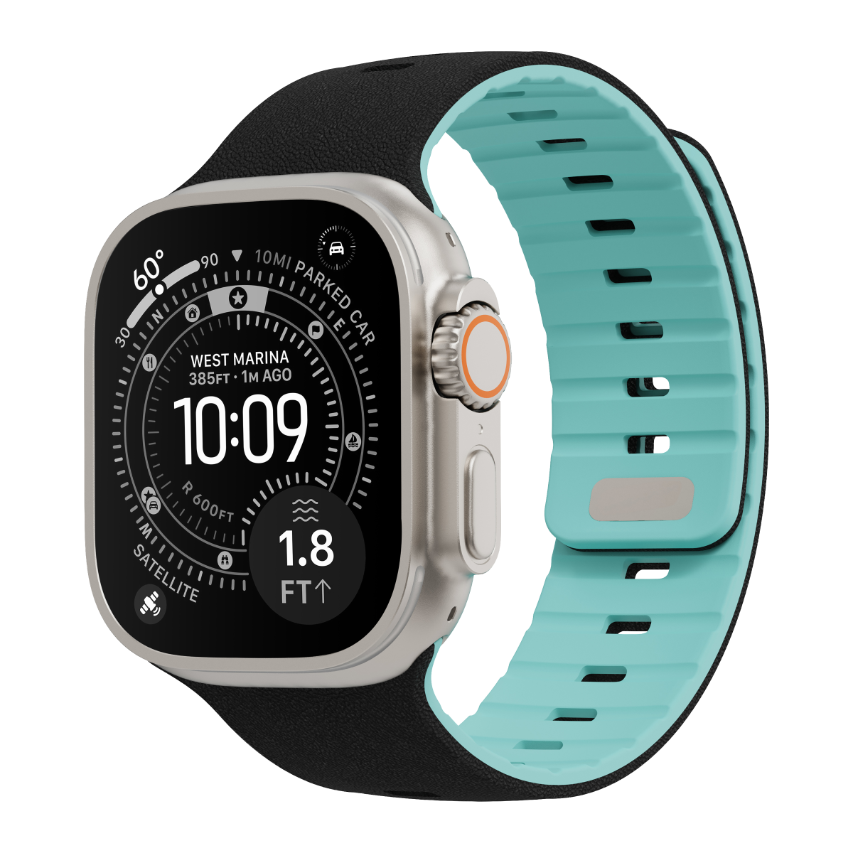Duo magnetic Apple Watch strap in Onyx, black and teal, on Apple Watch Ultra