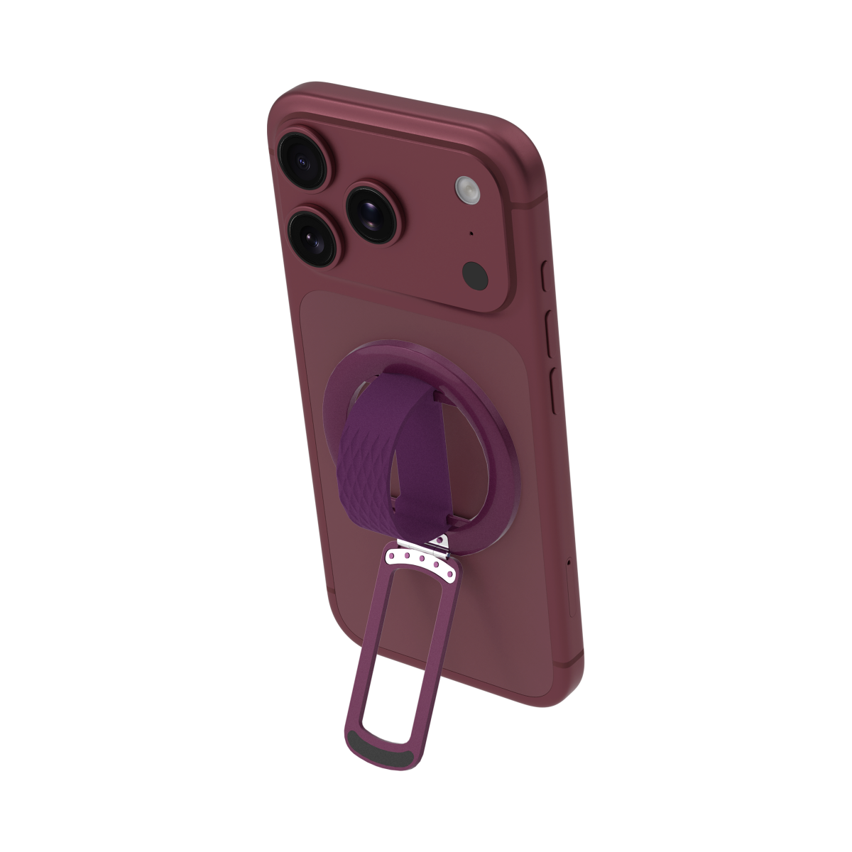 Loop MagSafe grip stand in Burgundy on an iPhone, stand open