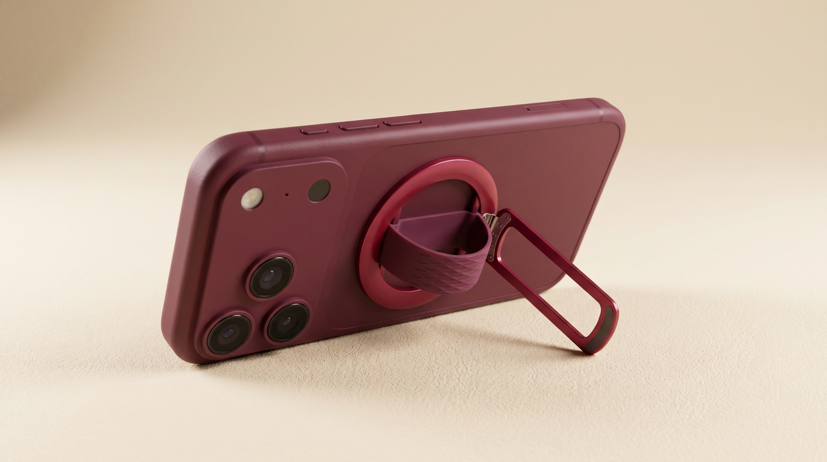 Loop MagSafe grip stand in Burgundy standing an iPhone upright