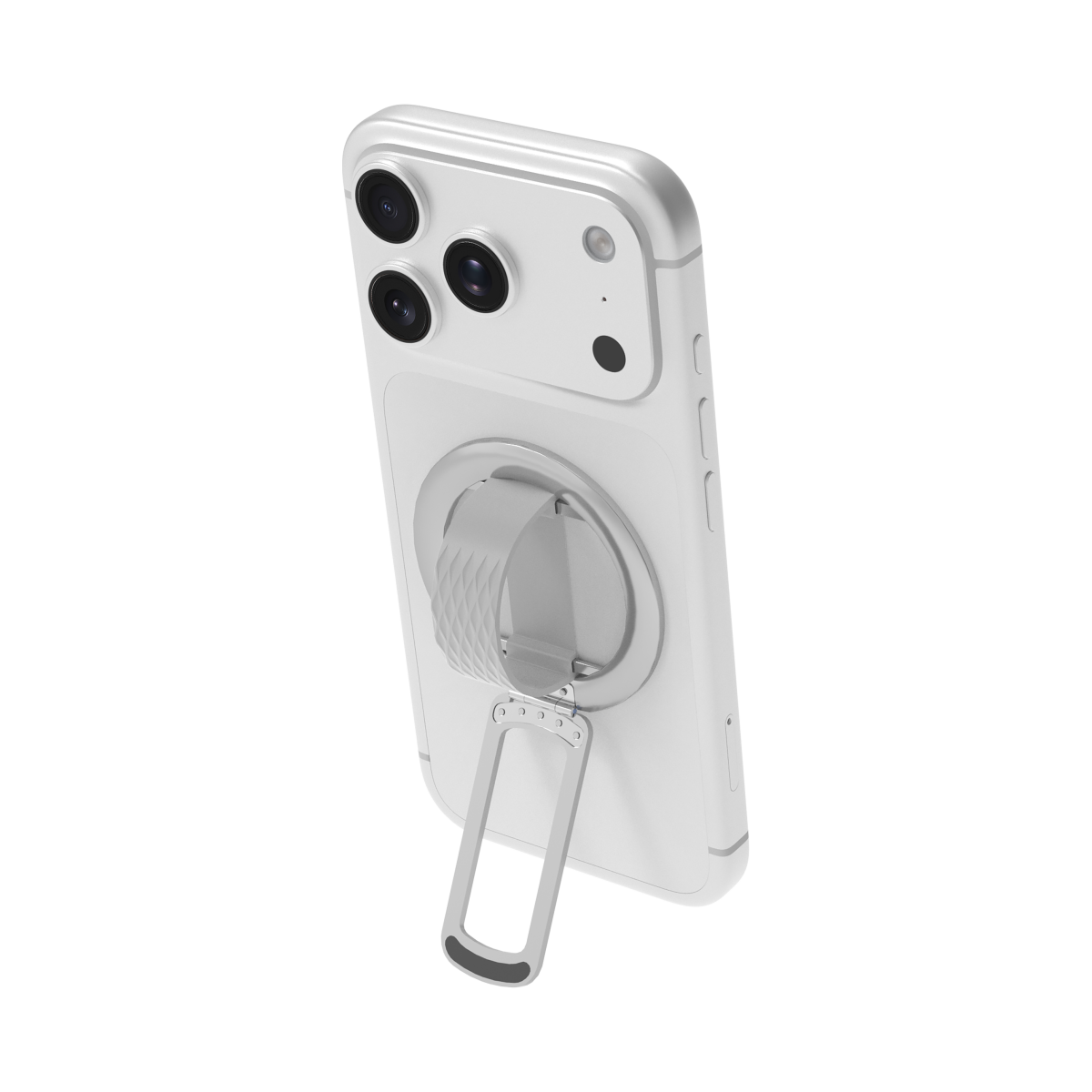 Loop MagSafe grip stand in White on an iPhone, stand open