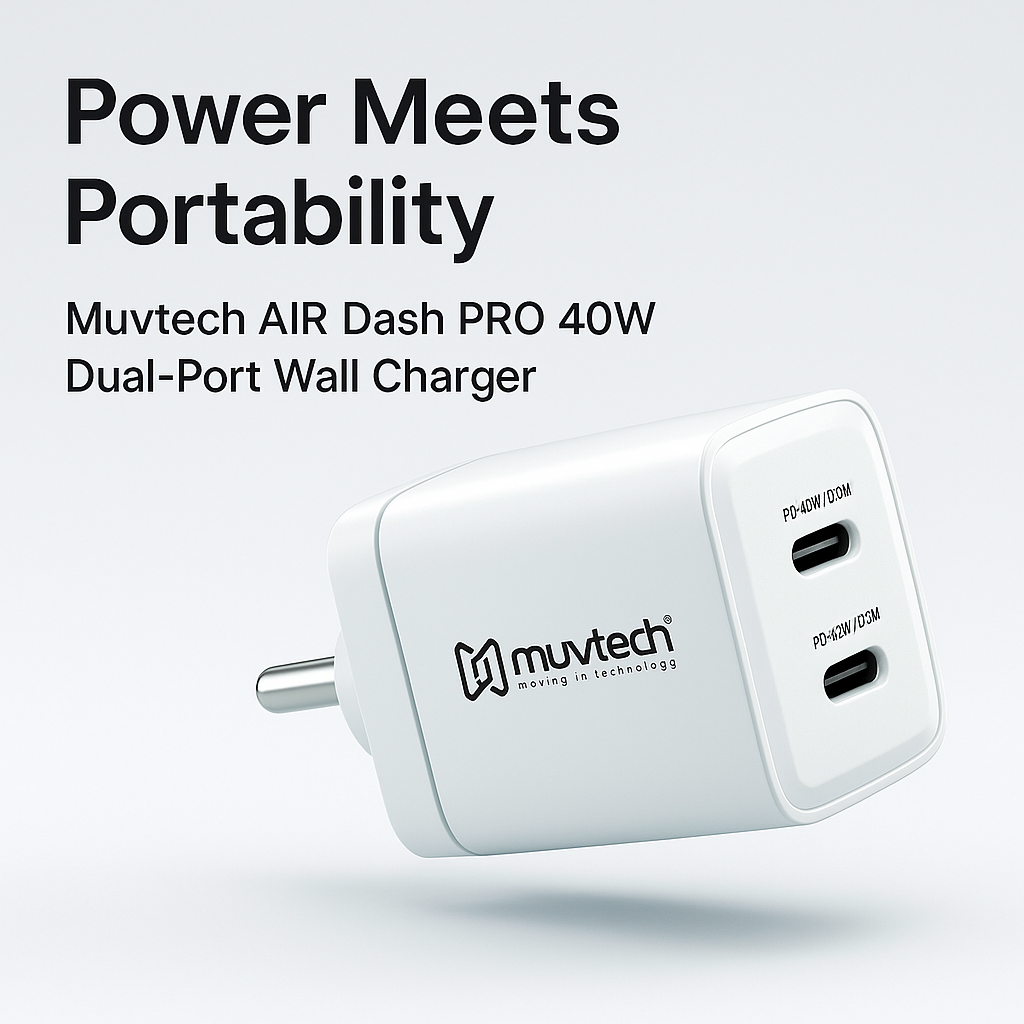 The Muvtech AIR Dash PRO 40W Dual-Port Type-C Wall Charger Adapter is designed for power and portability.