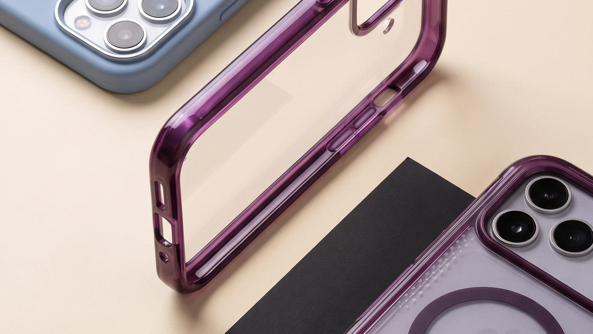 MuvTech iPhone 17 cases in blue, clear and purple showing raised metal camera rings and MagSafe ring