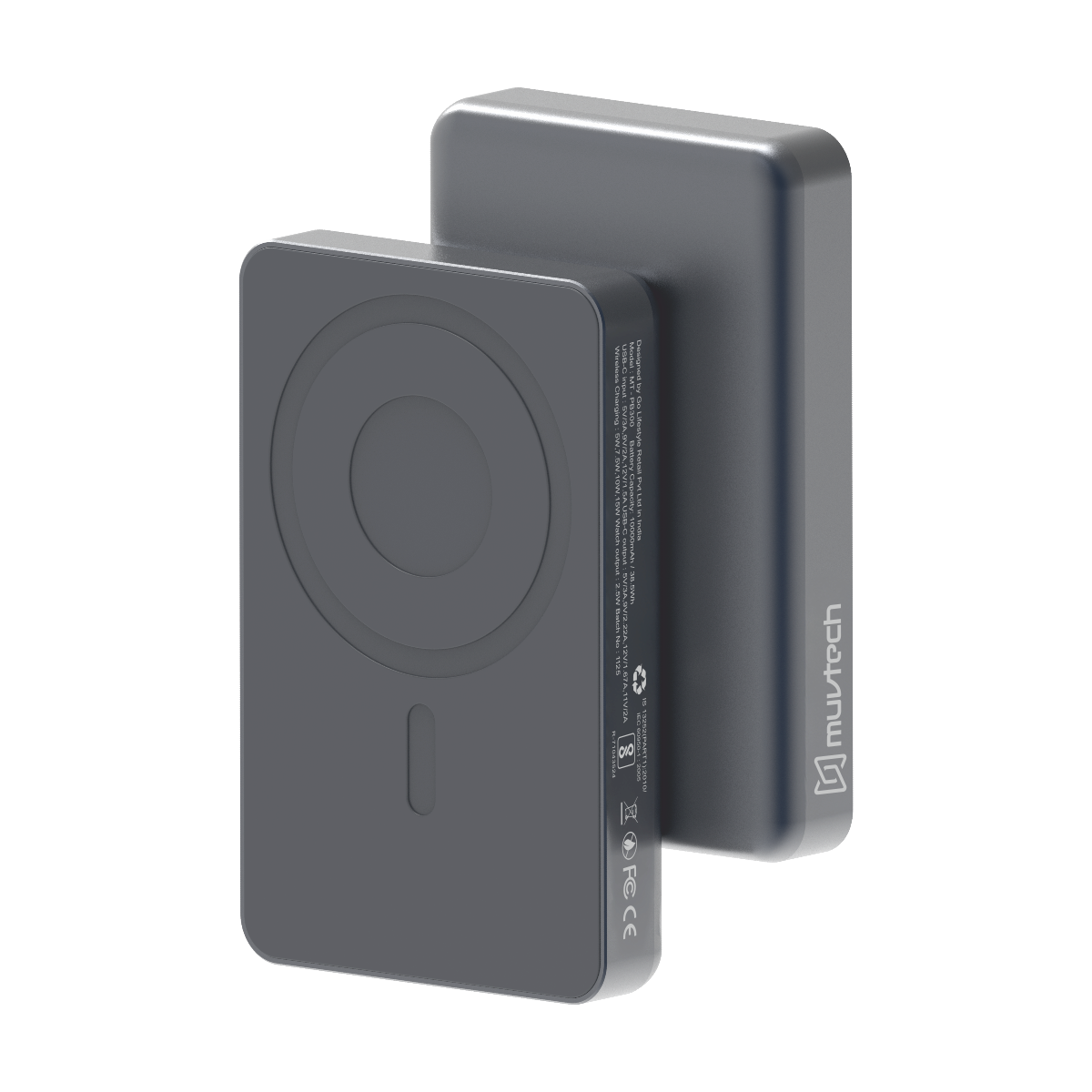 Muvtech Slim Pro 10,000mAh 3-in-1 power bank in Steel Grey, front and back view