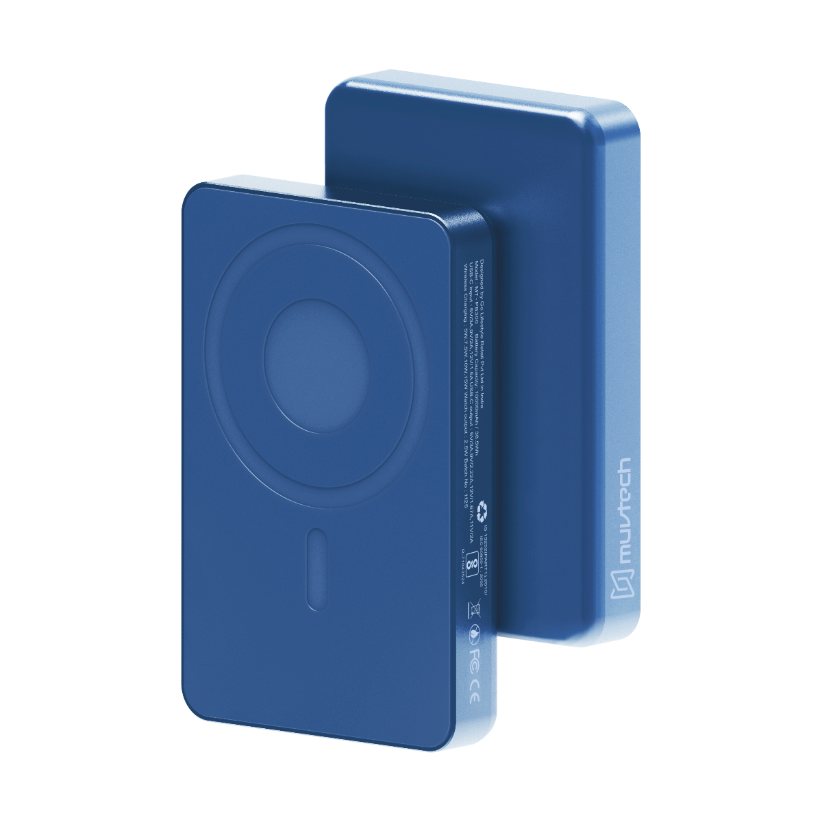 Muvtech Slim Pro 10,000mAh 3-in-1 power bank in Navy Blue, front and back view