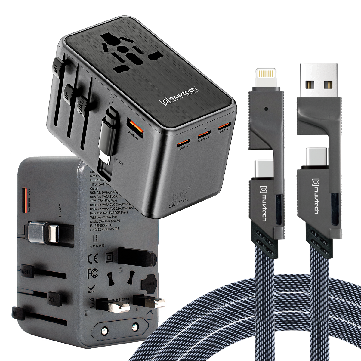Travel Charging Combo – World Traveller Pro 35W PD Universal Adapter & Omni 100W Multi-Device Type-C Cable