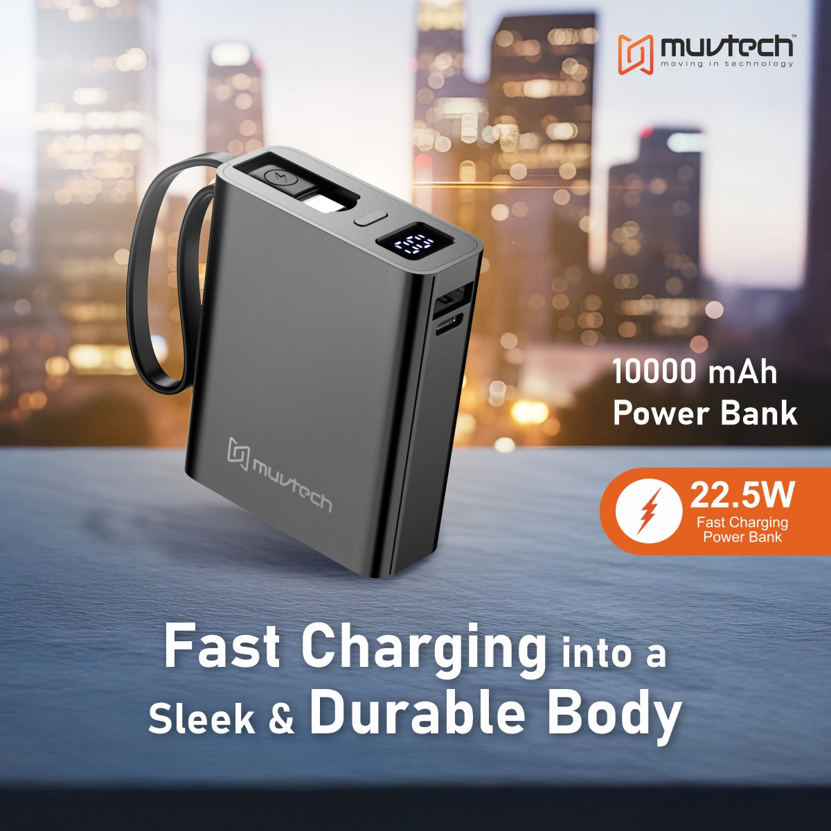 Mini Tank 10000mAh Power Bank with Built-in Cable.