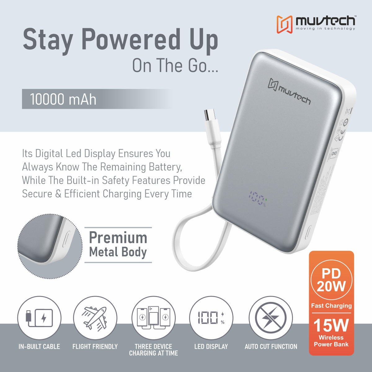 Slimsonic 10000mAh Mag-Safe Power Bank With Built-in Cable.