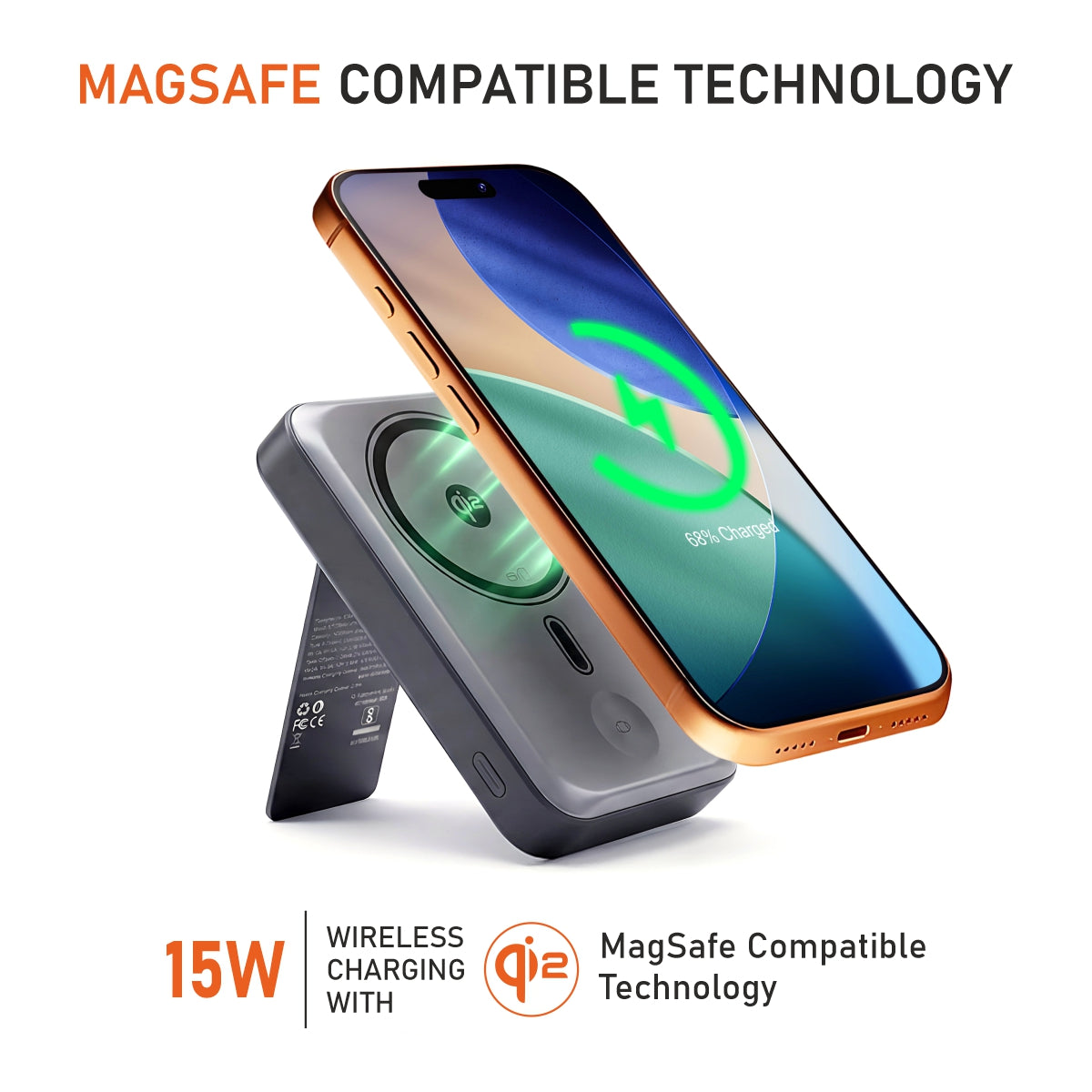 Muvtech TURBOBRIC Qi2 10,000mAh power bank in Grey, 15W Qi2 magnetic wireless charging an iPhone