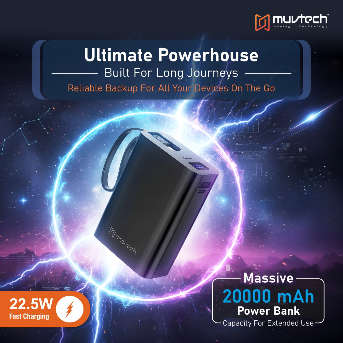 Nano Tank 20000mAh Power Bank with Built-in Cable.