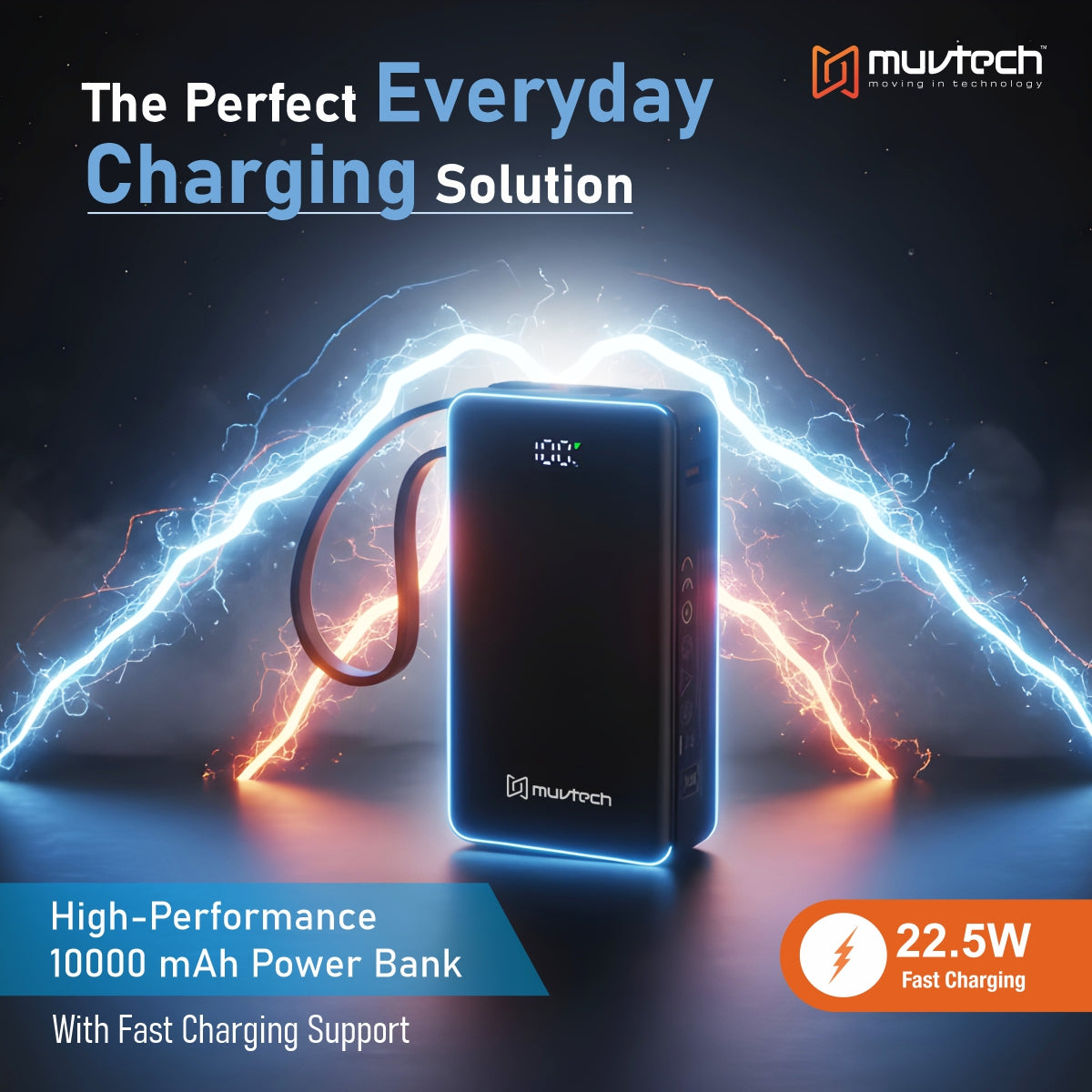 Mini Mate 10000mAh Power Bank, With Built-In Cable.