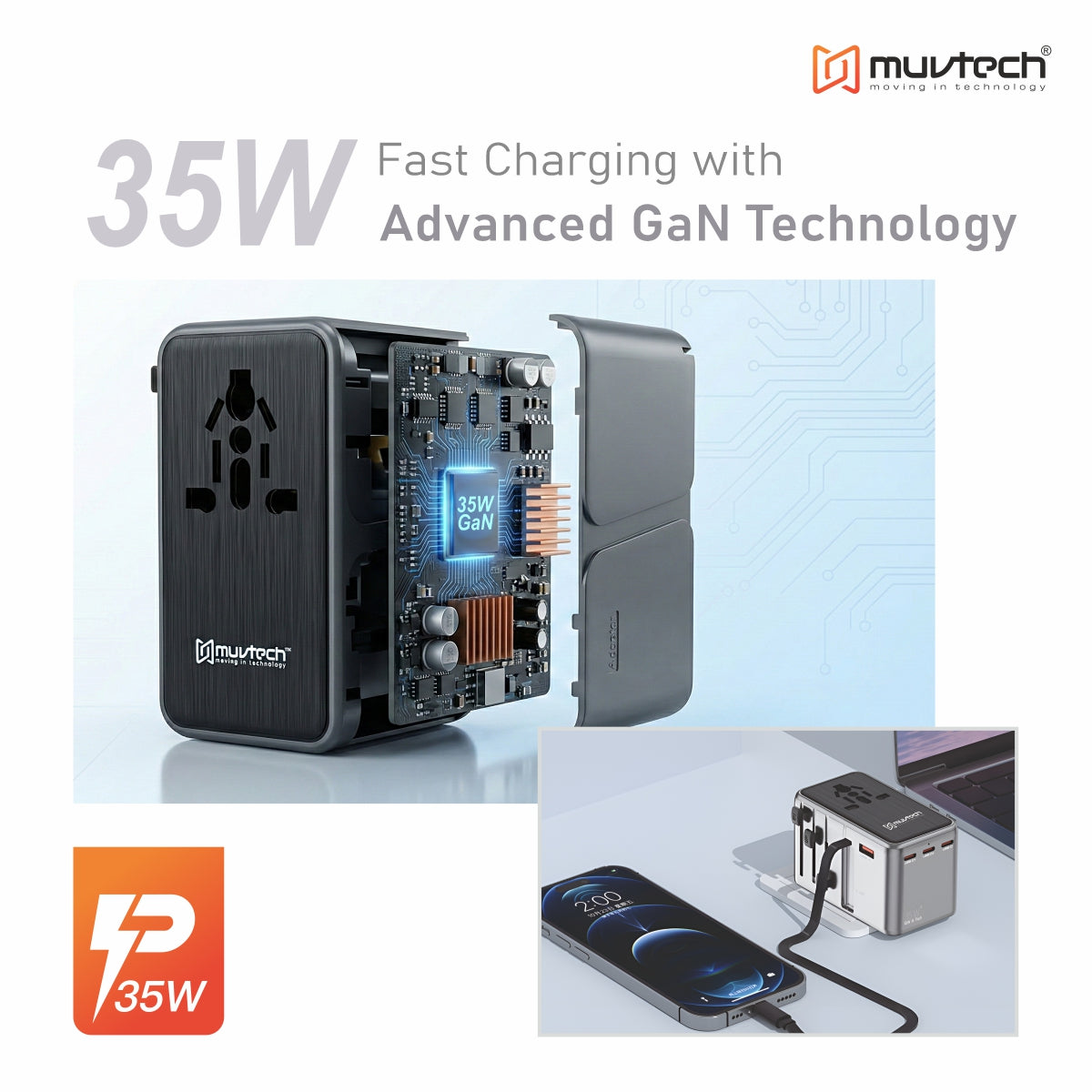 World Traveller Pro Universal 35W PD Fast Charger Adapter | Compatible with MacBook, Laptops & International Travel (200+ Countries)