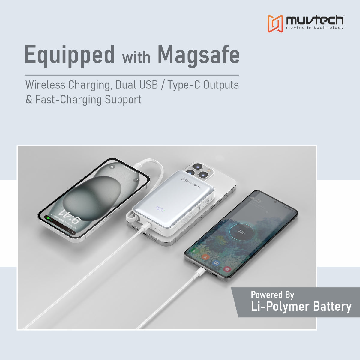 Slimsonic 10000mAh Mag-Safe Power Bank With Built-in Cable.
