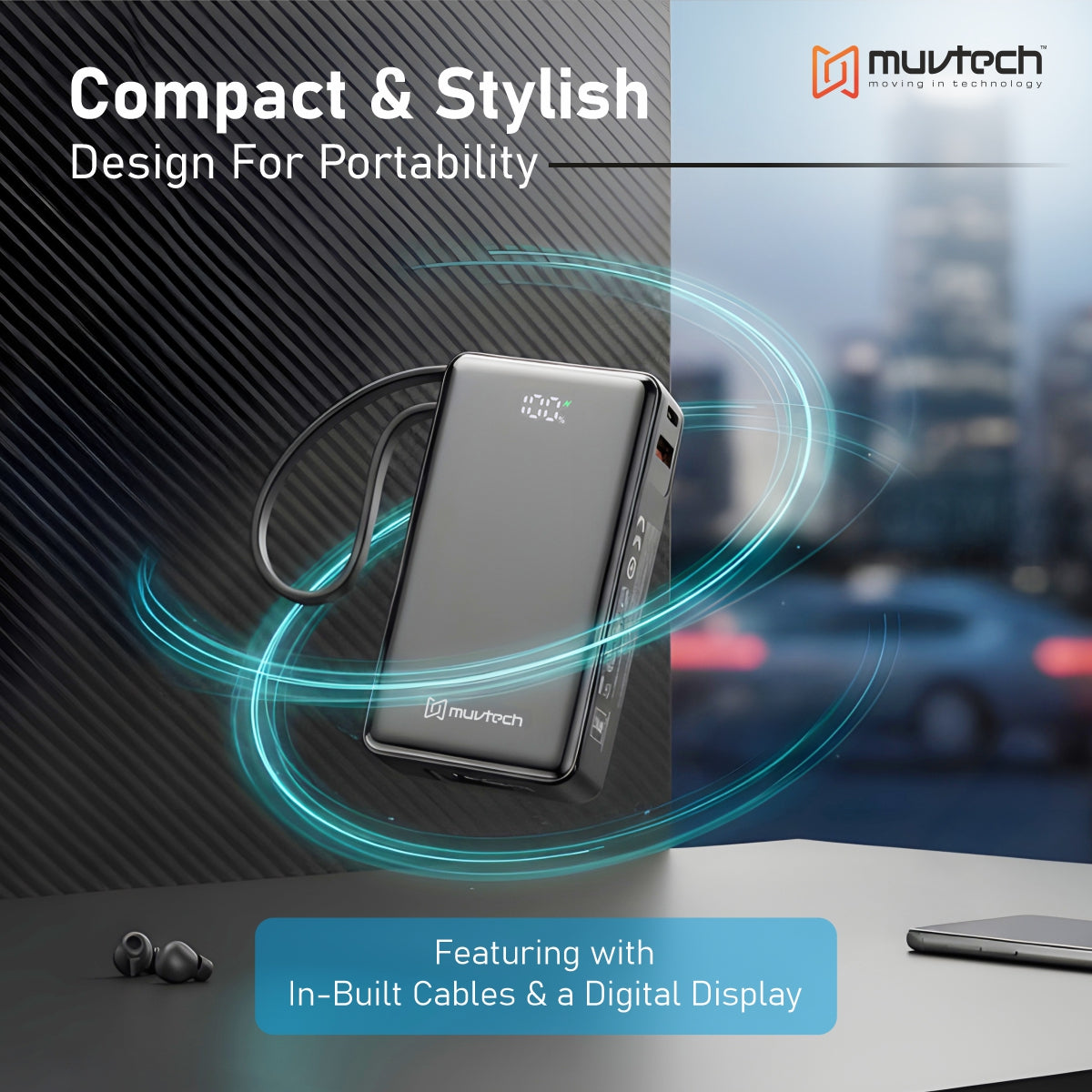 Mini Mate 10000mAh Power Bank, With Built-In Cable.