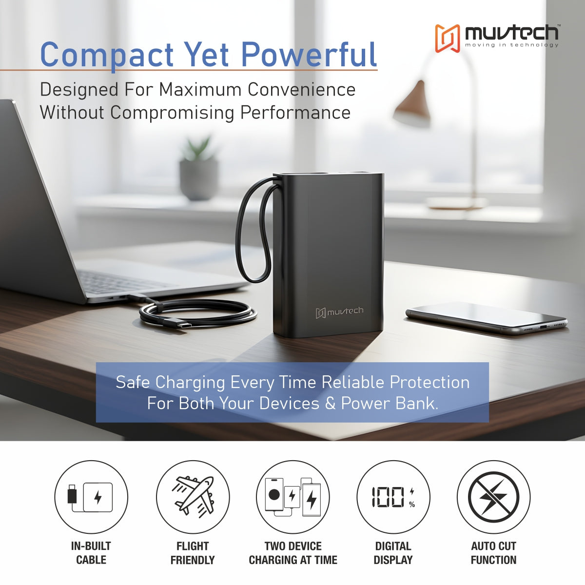 Nano Tank 20000mAh Power Bank with Built-in Cable.