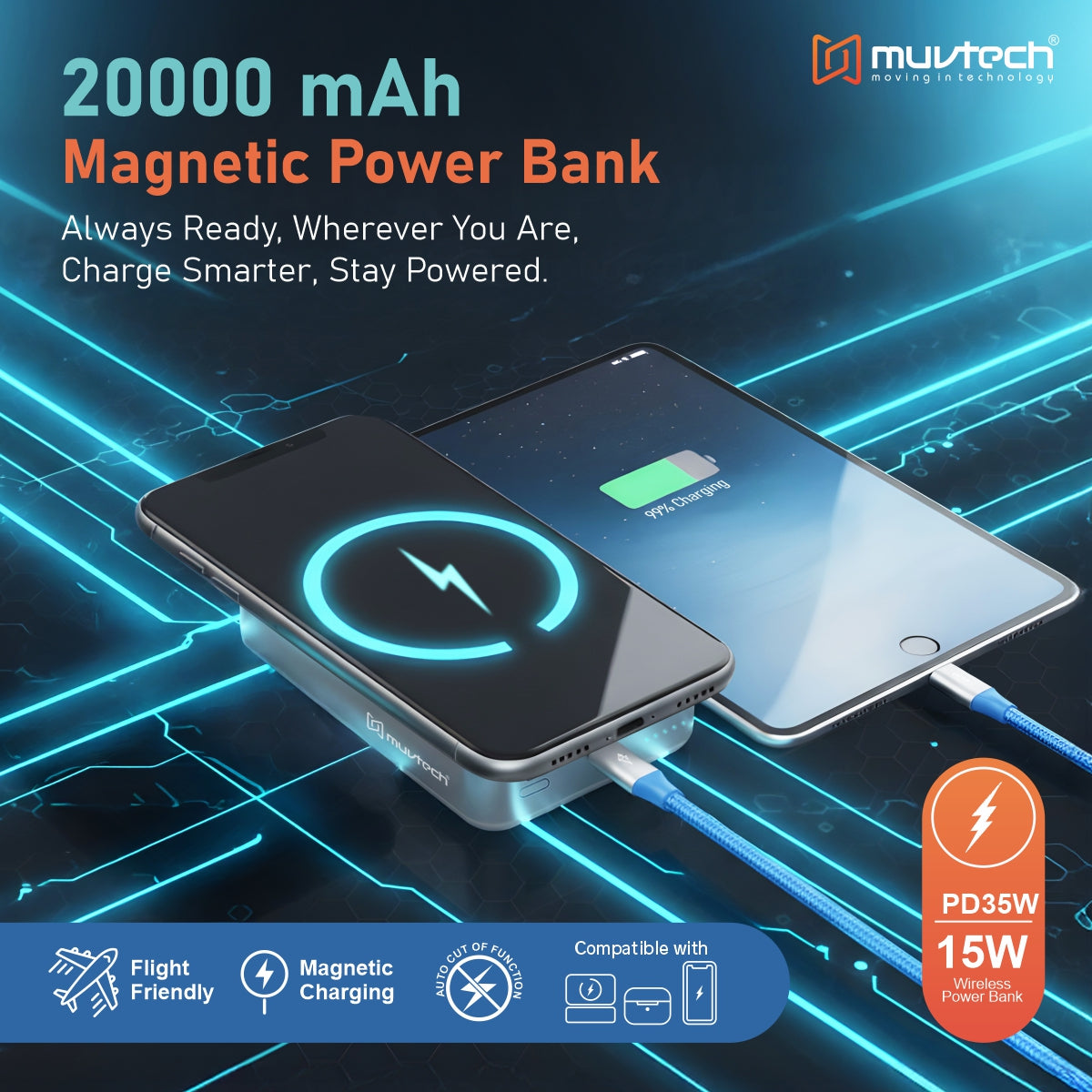 TANK 20000mAh Magnetic 15W Mag-Safe Wireless Charging Power Bank