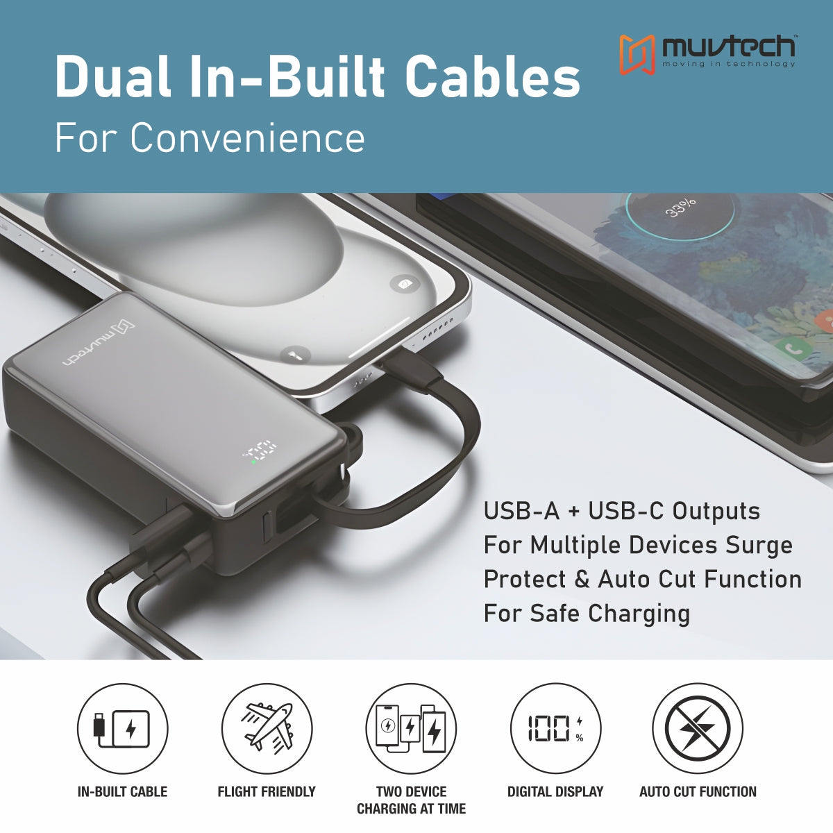 Mini Mate 10000mAh Power Bank, With Built-In Cable.