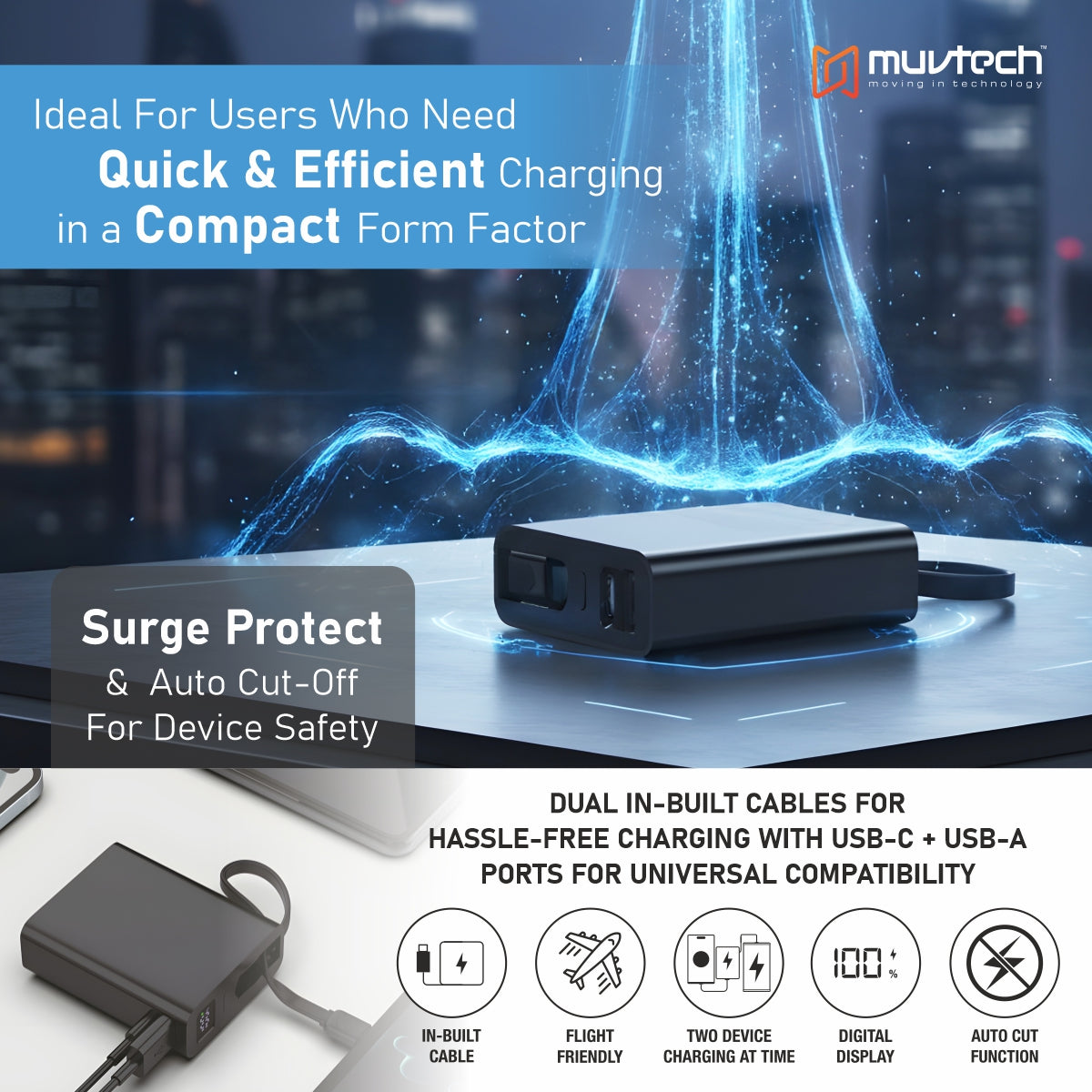 Mini Tank 10000mAh Power Bank with Built-in Cable.