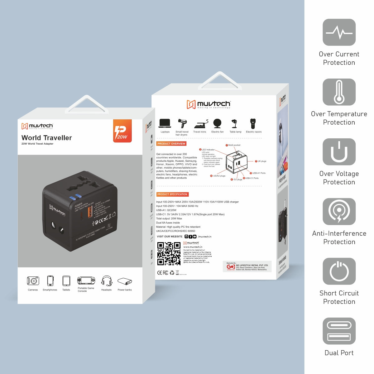 World Travel Adapter, 20W Universal World Charger with Fast Charging & Multiple Plug Options.