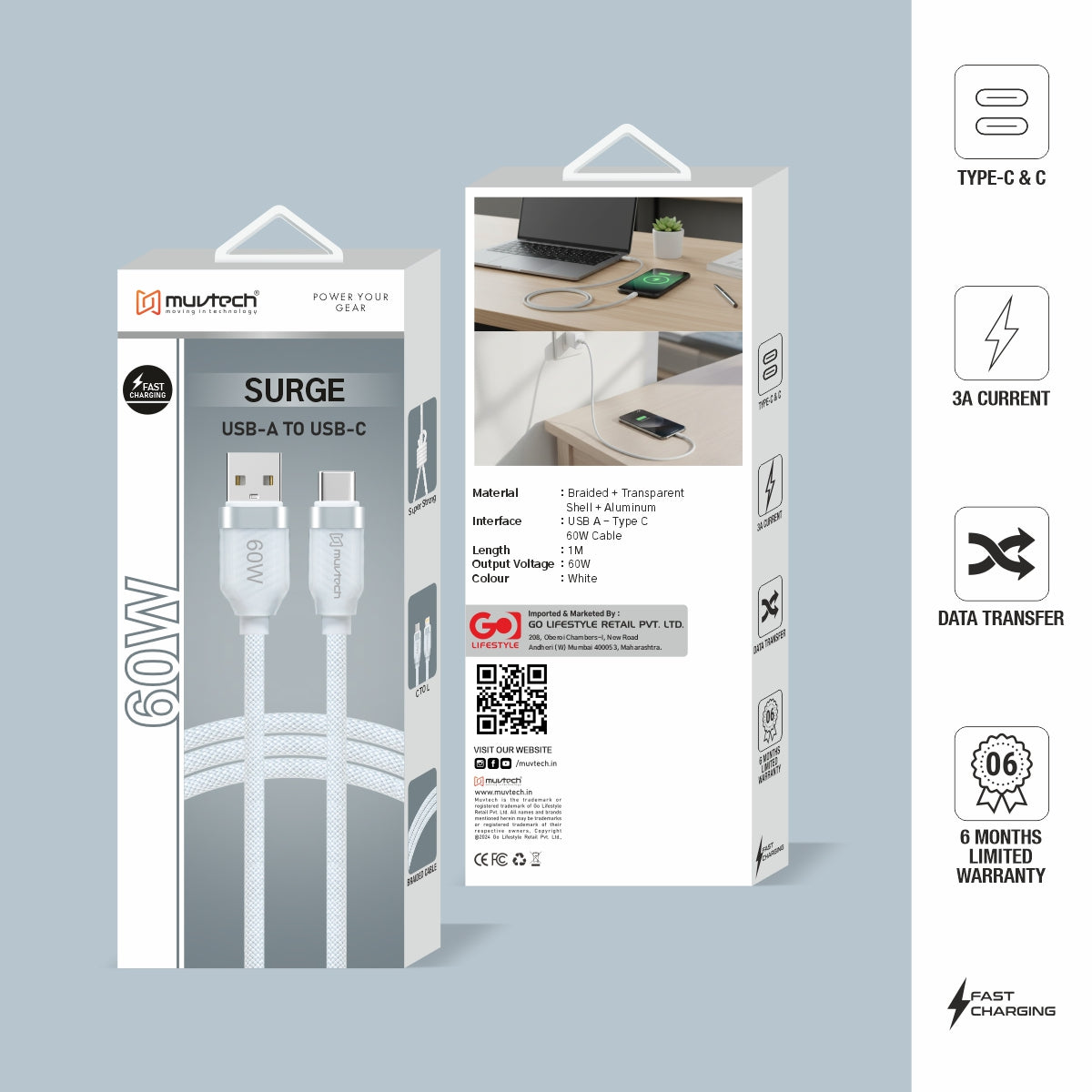Surge 60W Fast Charging Braided Cable – Type-A to Type-C- 1 Meter