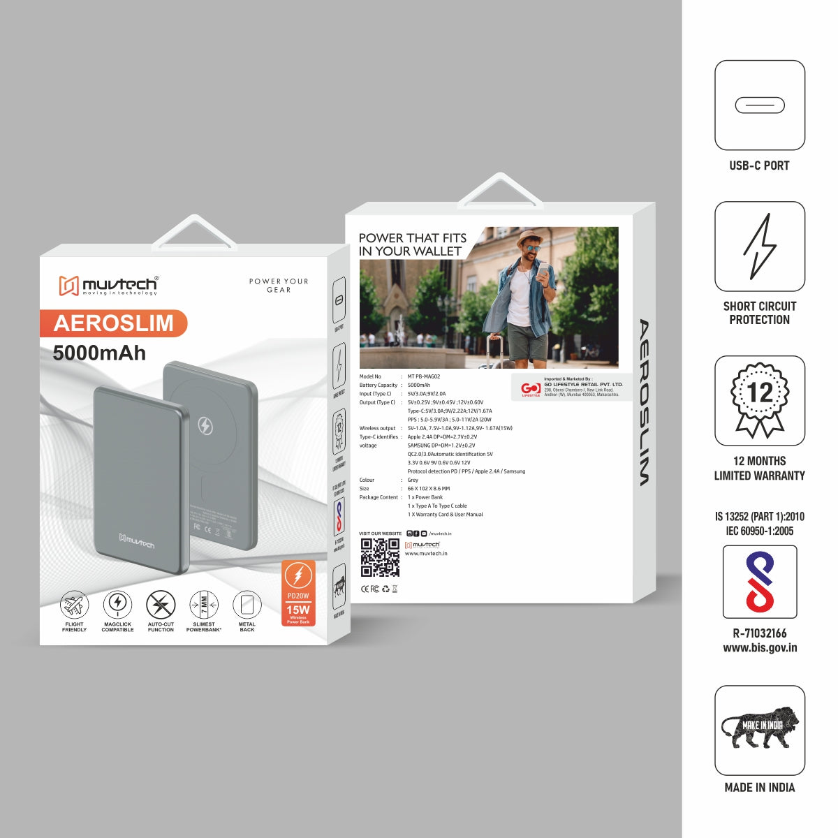 AEROSLIM 5000mAh Ultra-Slim, 15W Mag-Safe Compatible Power Bank