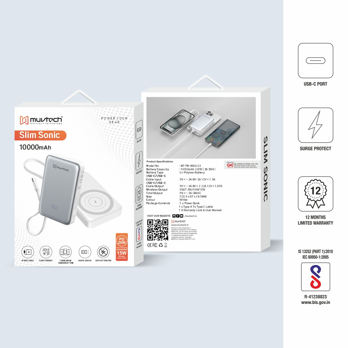 Slimsonic 10000mAh Mag-Safe Power Bank With Built-in Cable.