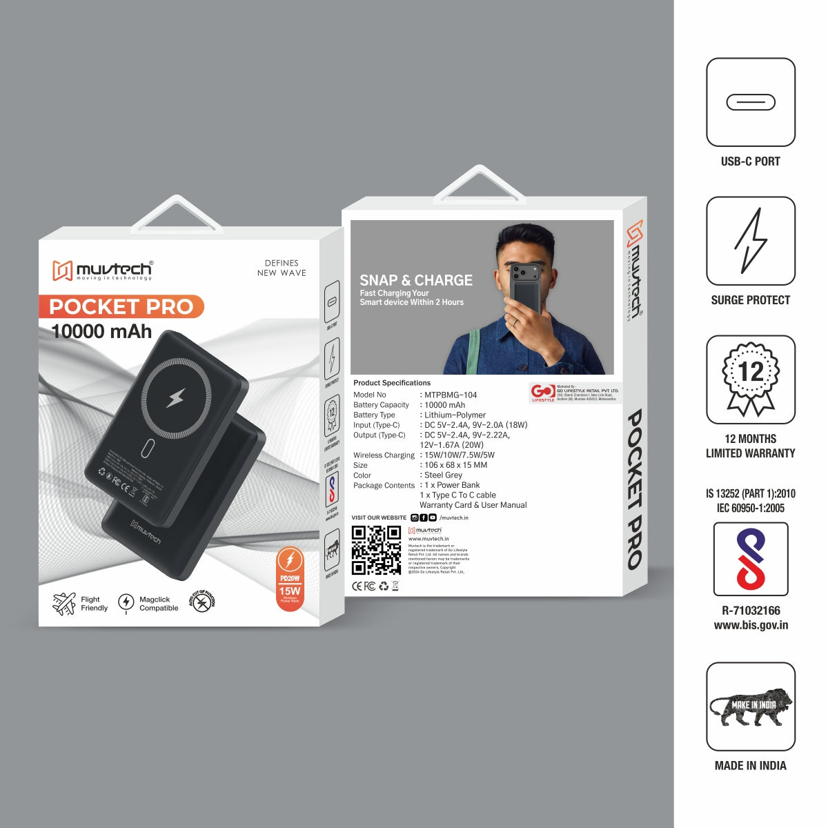 Pocket Pro 10000mAh  15W Mag-Safe Wireless Charging Power Bank