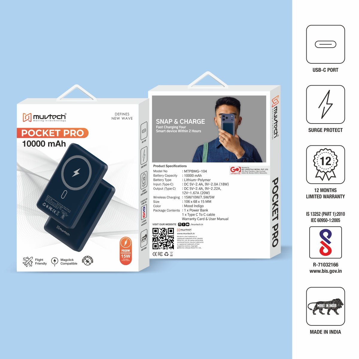 Pocket Pro 10000mAh  15W Mag-Safe Wireless Charging Power Bank