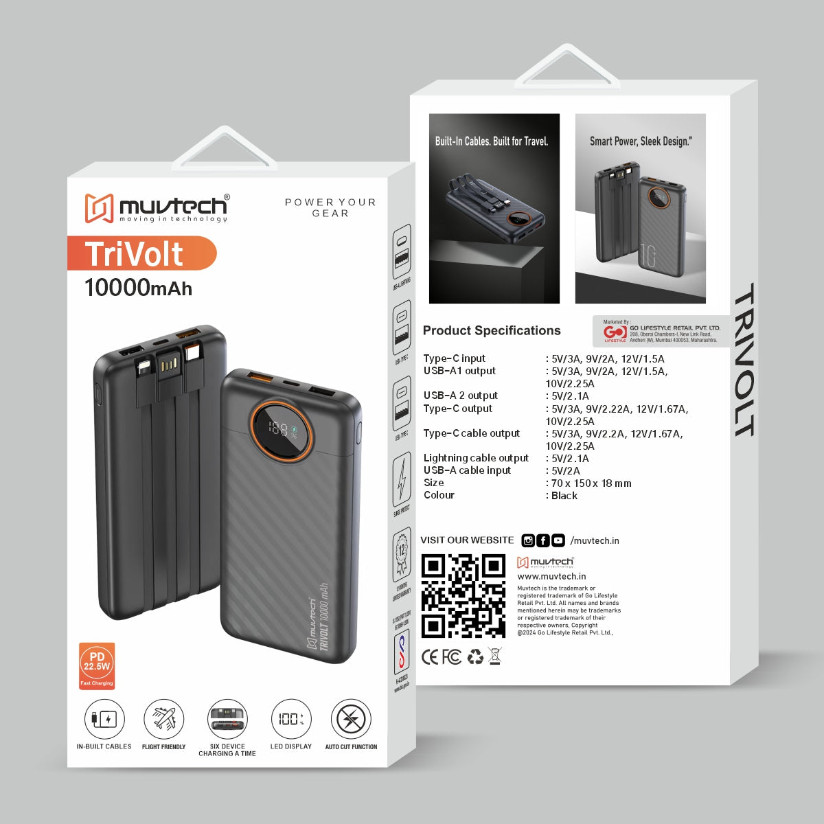 TriVolt 10000mAh Power Bank with Built-in Cables