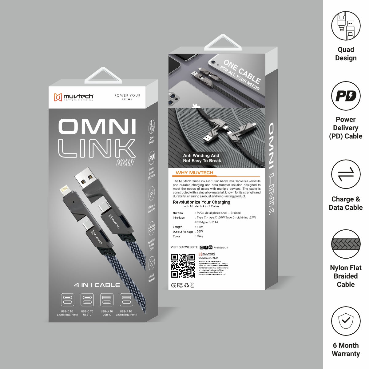 Omni 100W 4-in-1 Type-C PD Fast Charging Cable | Durable, Efficient, and Multi-Device Compatible