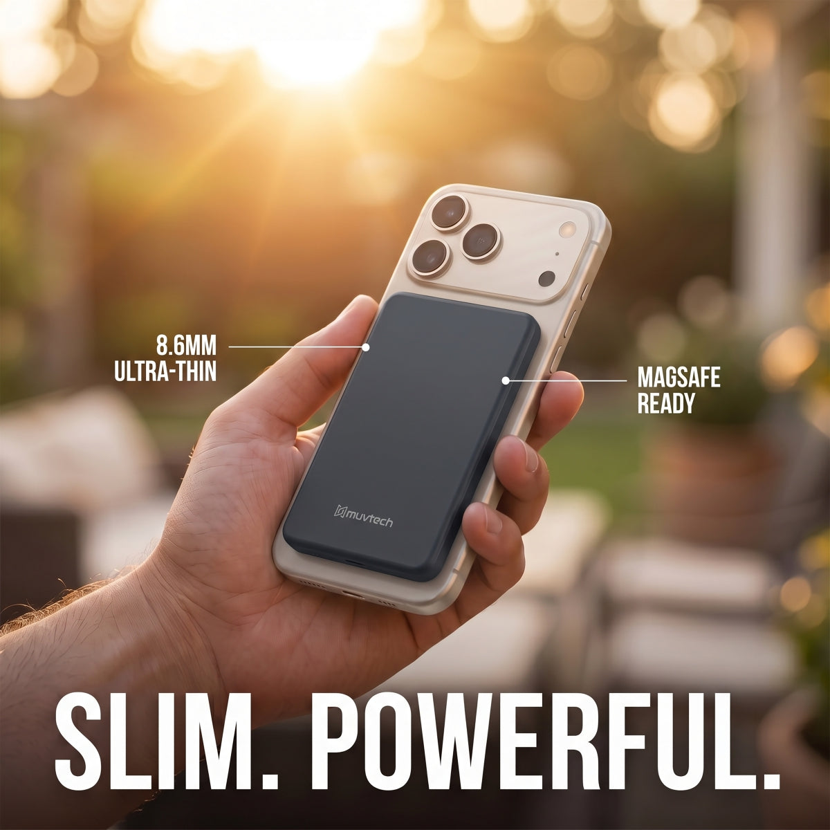 Muvtech AEROSLIM 5,000mAh magnetic power bank in Black, held on an iPhone