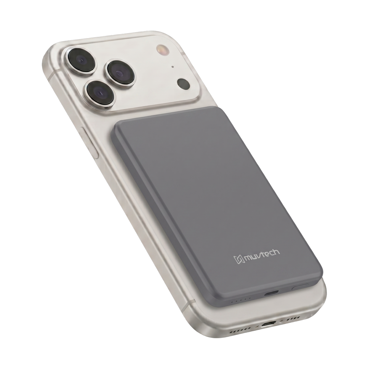 Muvtech AEROSLIM 5,000mAh magnetic power bank in Gray, attached to an iPhone