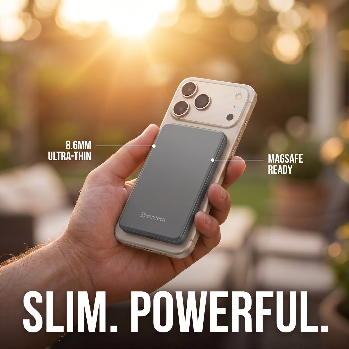 Muvtech AEROSLIM 5,000mAh magnetic power bank in Gray, held on an iPhone