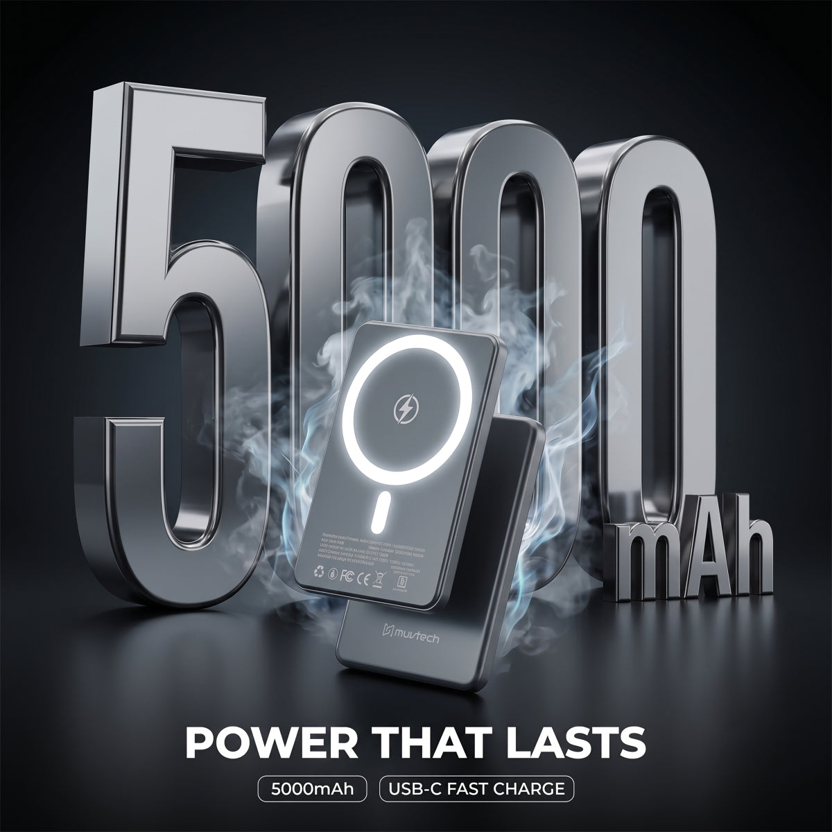 Muvtech AEROSLIM 5,000mAh magnetic power bank in Gray, 5,000mAh capacity