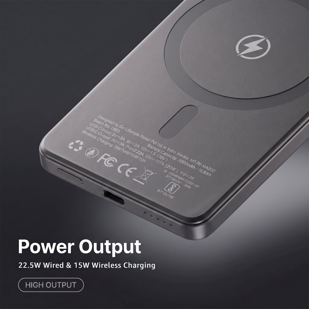 Muvtech AEROSLIM 5,000mAh magnetic power bank in Gray, back view with ports