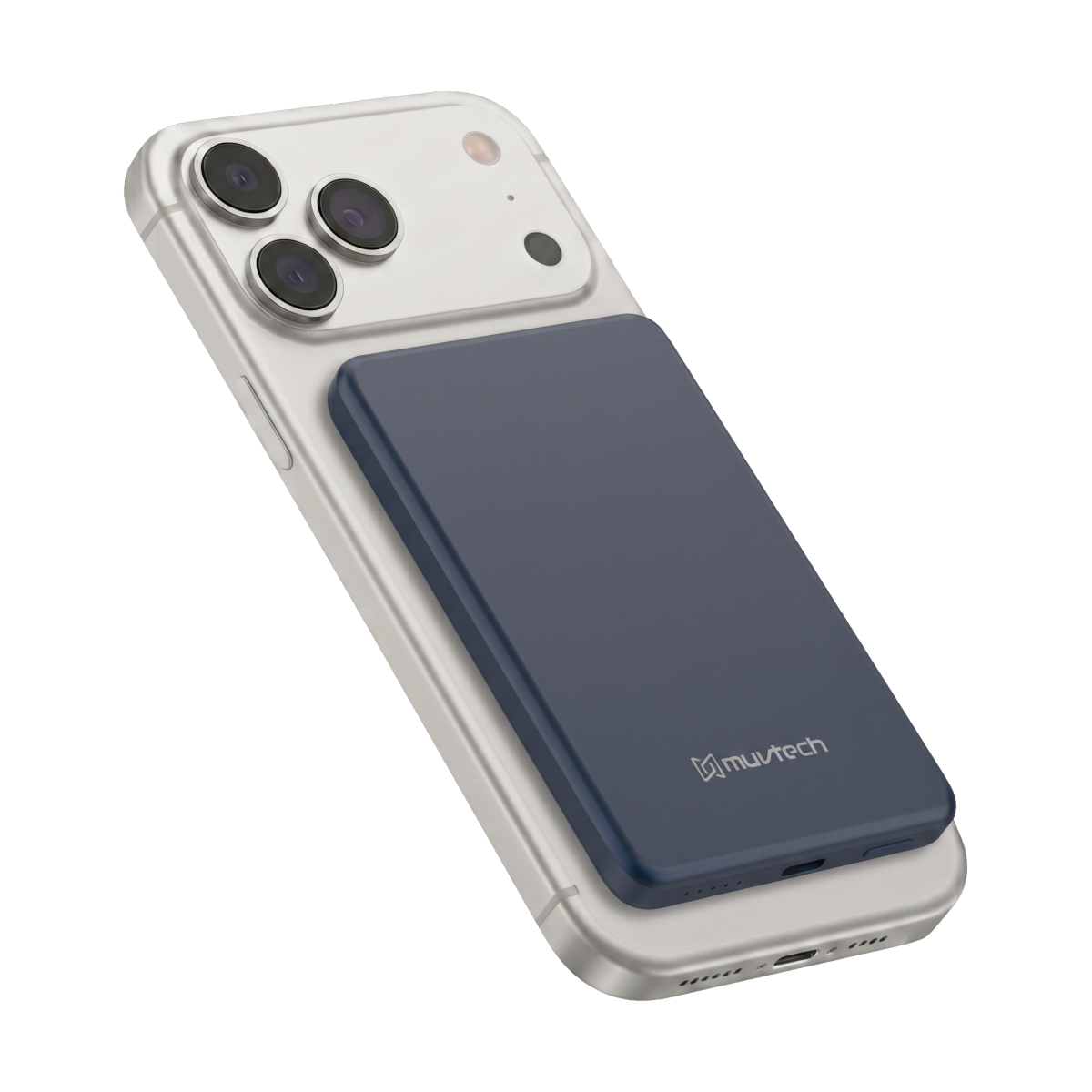 Muvtech AEROSLIM 5,000mAh magnetic power bank in Mood Indigo, attached to an iPhone