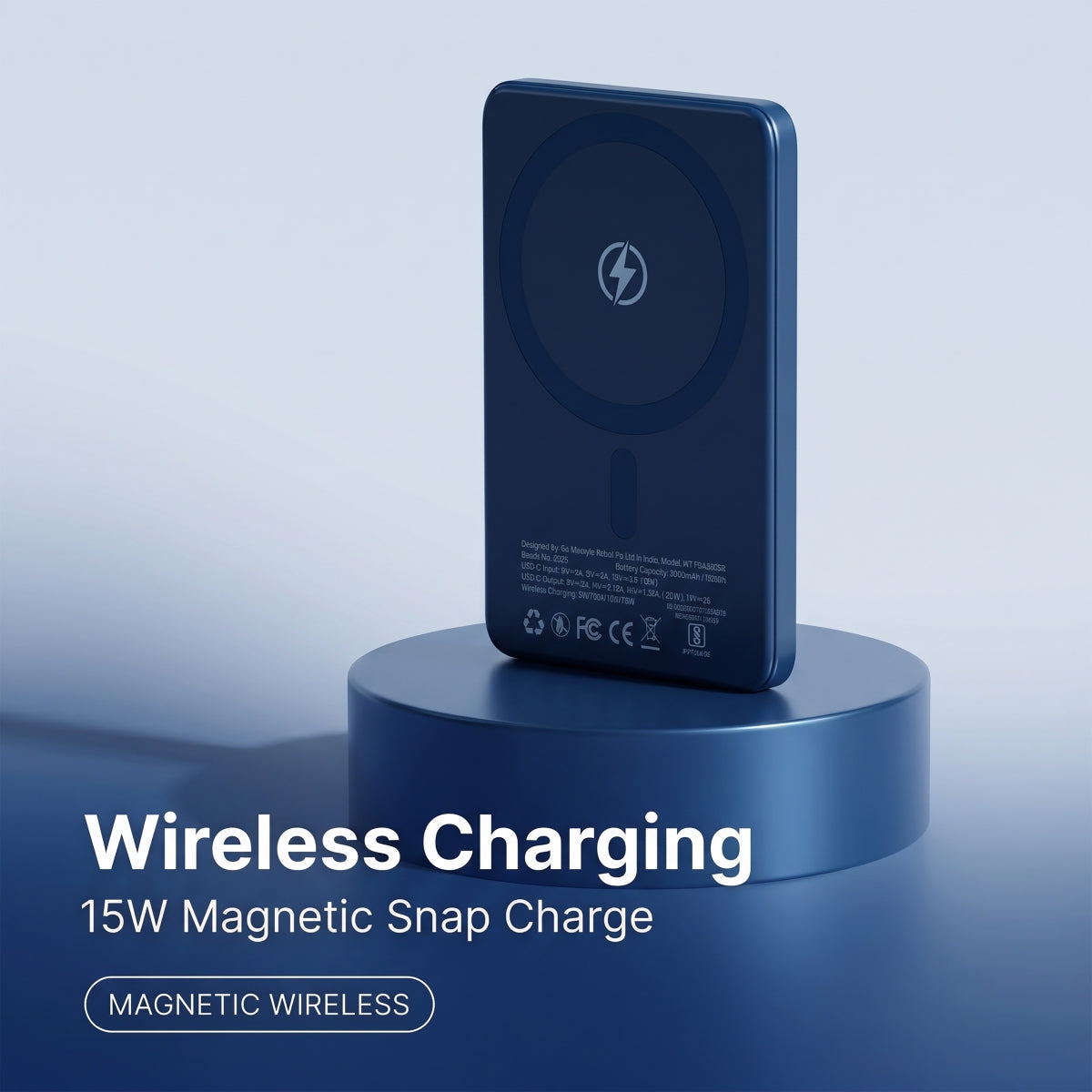 Muvtech AEROSLIM 5,000mAh magnetic power bank in Mood Indigo, wireless charging pad