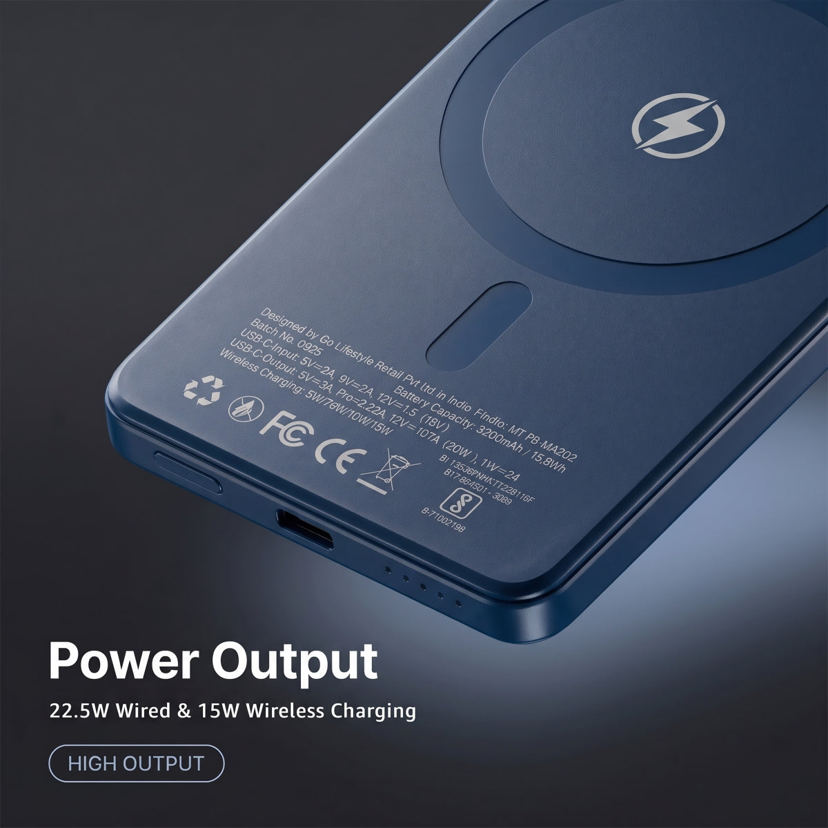 Muvtech AEROSLIM 5,000mAh magnetic power bank in Mood Indigo, back view with ports
