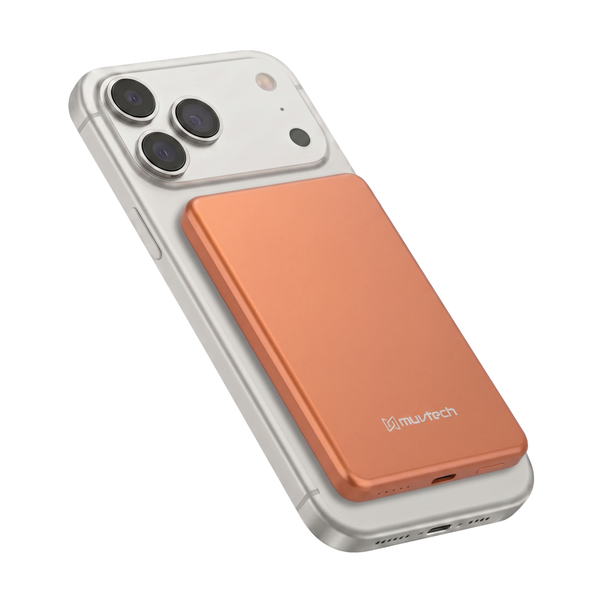 Muvtech AEROSLIM 5,000mAh magnetic power bank in Cosmic Orange, attached to an iPhone